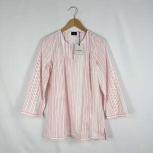 Untuckit Stripe Durfort Cotton Popover Top Women's 10 White Pink Pinstripe